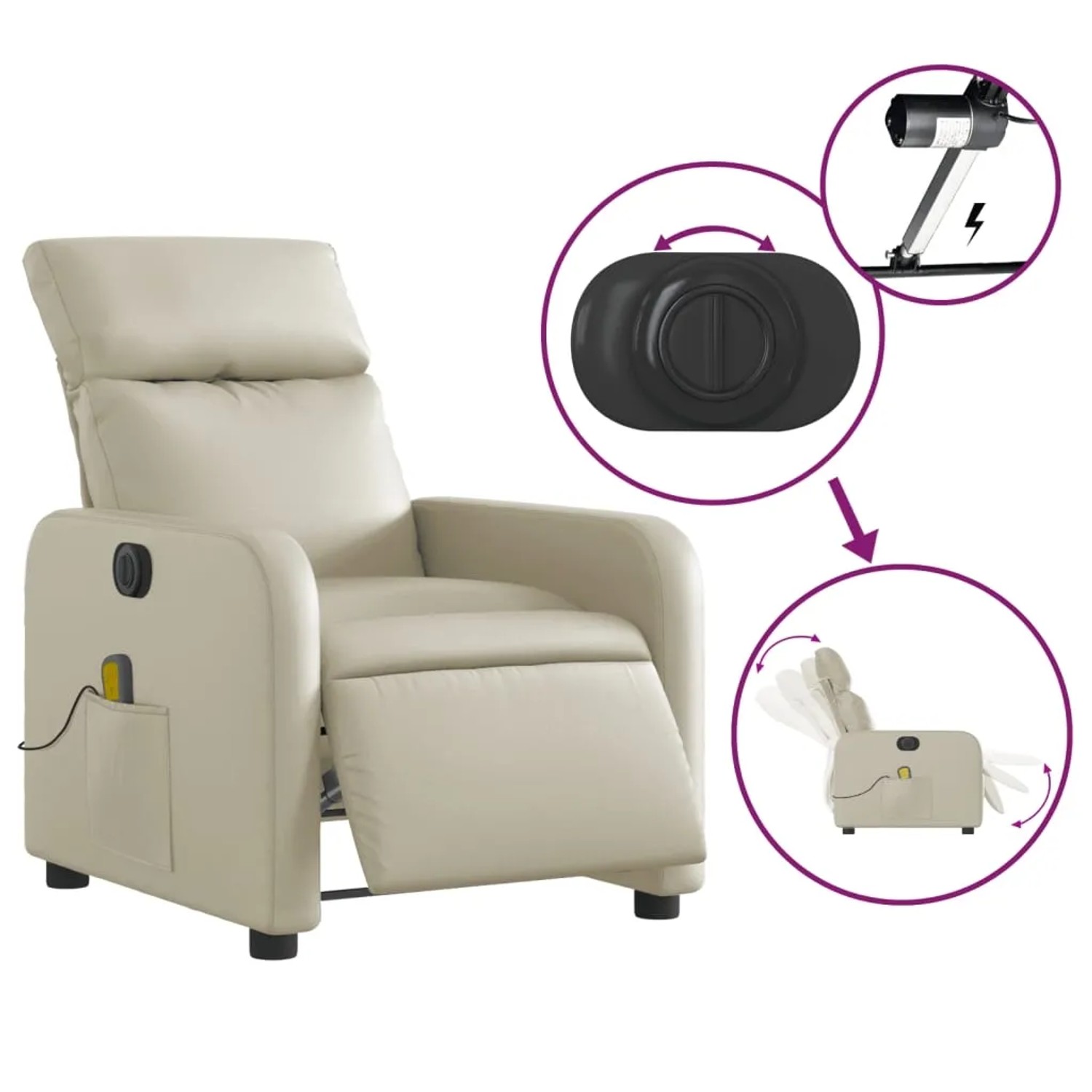 Elektrischer Massagesessel in Creme Kunstleder mit Relaxfunktion und Seitentasche.