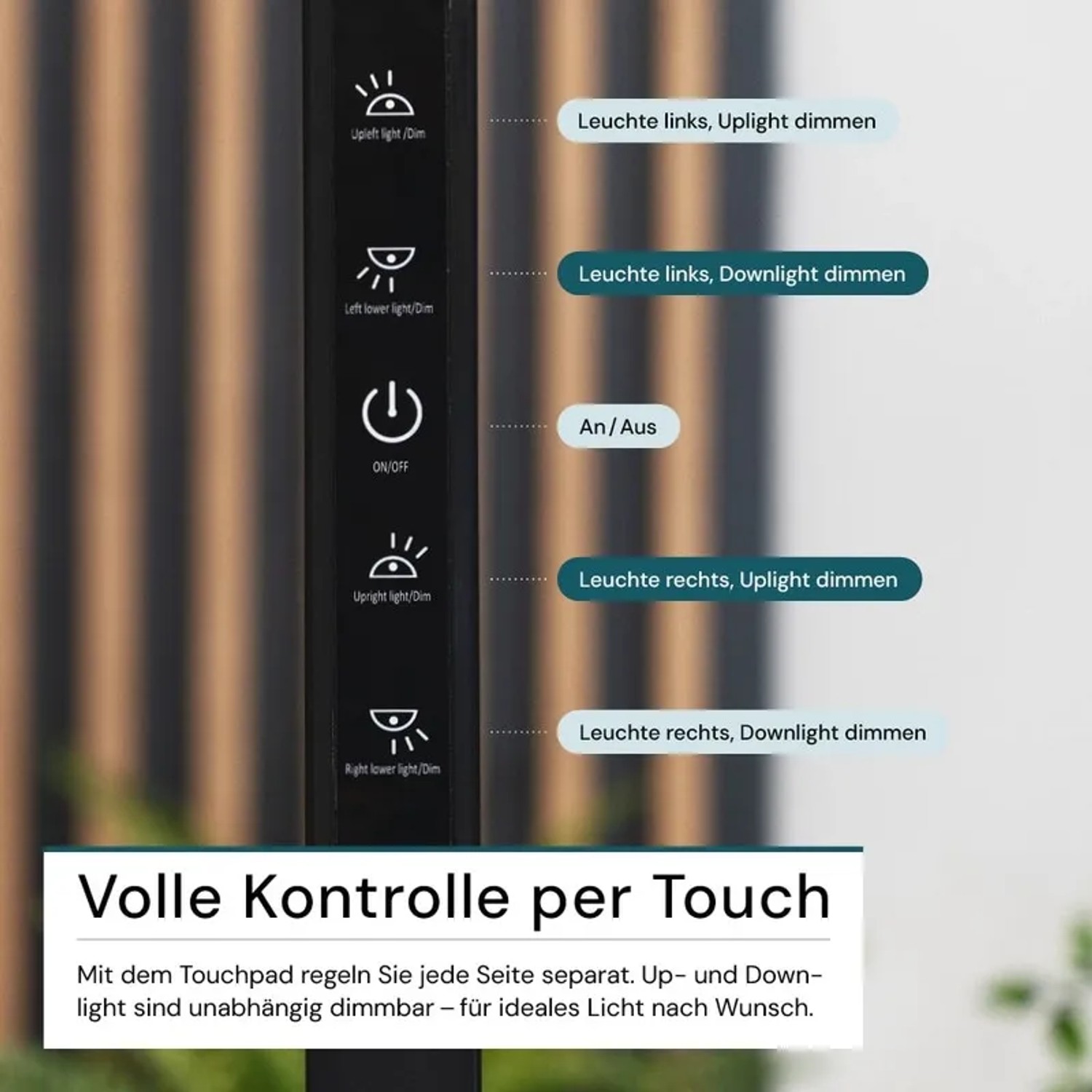 Detailaufnahme des Touchpanels der LUXULA LED Stehleuchte zur Steuerung von Up- und Downlight.