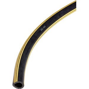 Schwarzer Gummi Gartenschlauch 13 mm (1/2) mit gelben Streifen.