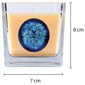 Duftkerze im Glas mit Sternzeichen Löwe Motiv und Vanille Duft, Brenndauer 50 Stunden.