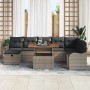 Graues 9-teiliges vidaXL Garten-Sofa-Set aus Poly Rattan mit Kissen und Stauraum.