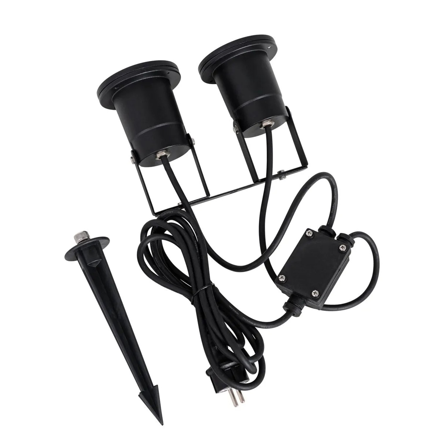 Schwarzer QAZQA Gartenstrahler mit Kabel, Stecker und Erdspieß, 2-flammig, IP65.