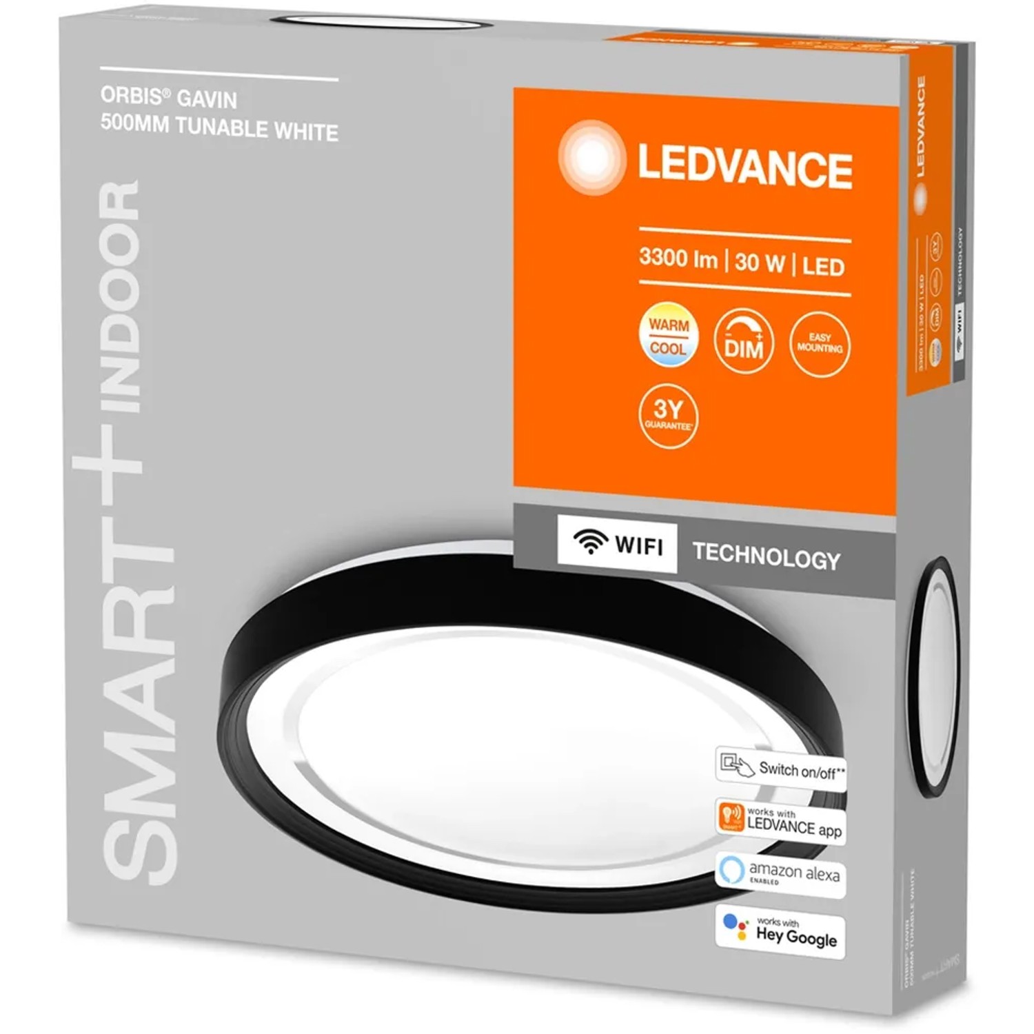 Verpackung der dimmbaren LED Deckenleuchte Ledvance Smart+ Orbis Gavin, 50 cm, mit schwarzem Ring.