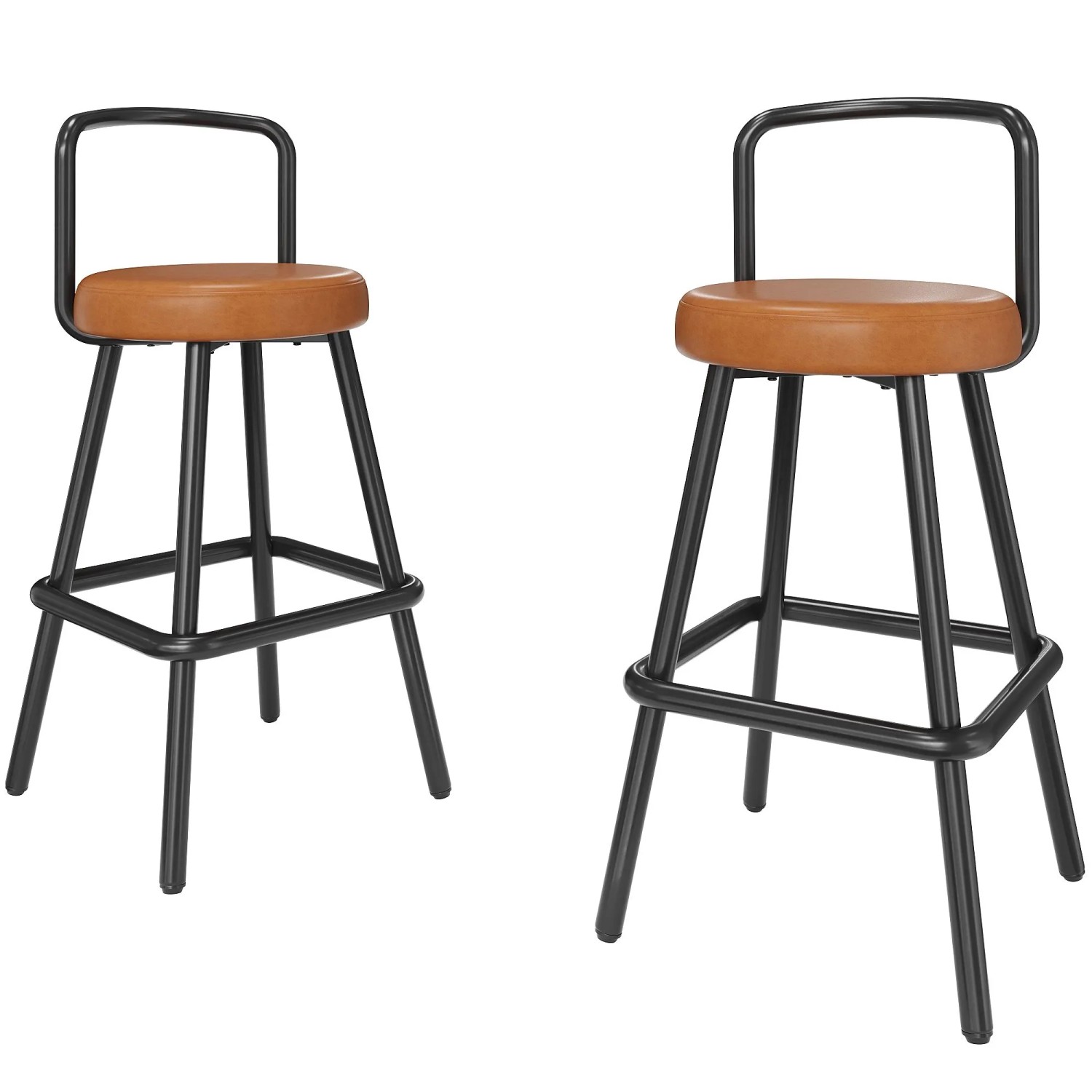 Zwei Barhocker mit schwarzem Metallgestell und braunem Polstersitz. Bartisch Set, Essgruppe.