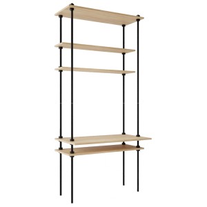 AR Shelving Schreibtisch AR Deco, 185 cm breit, mit Regalböden in Nebraska Eiche und schwarzem Stahlgestell.