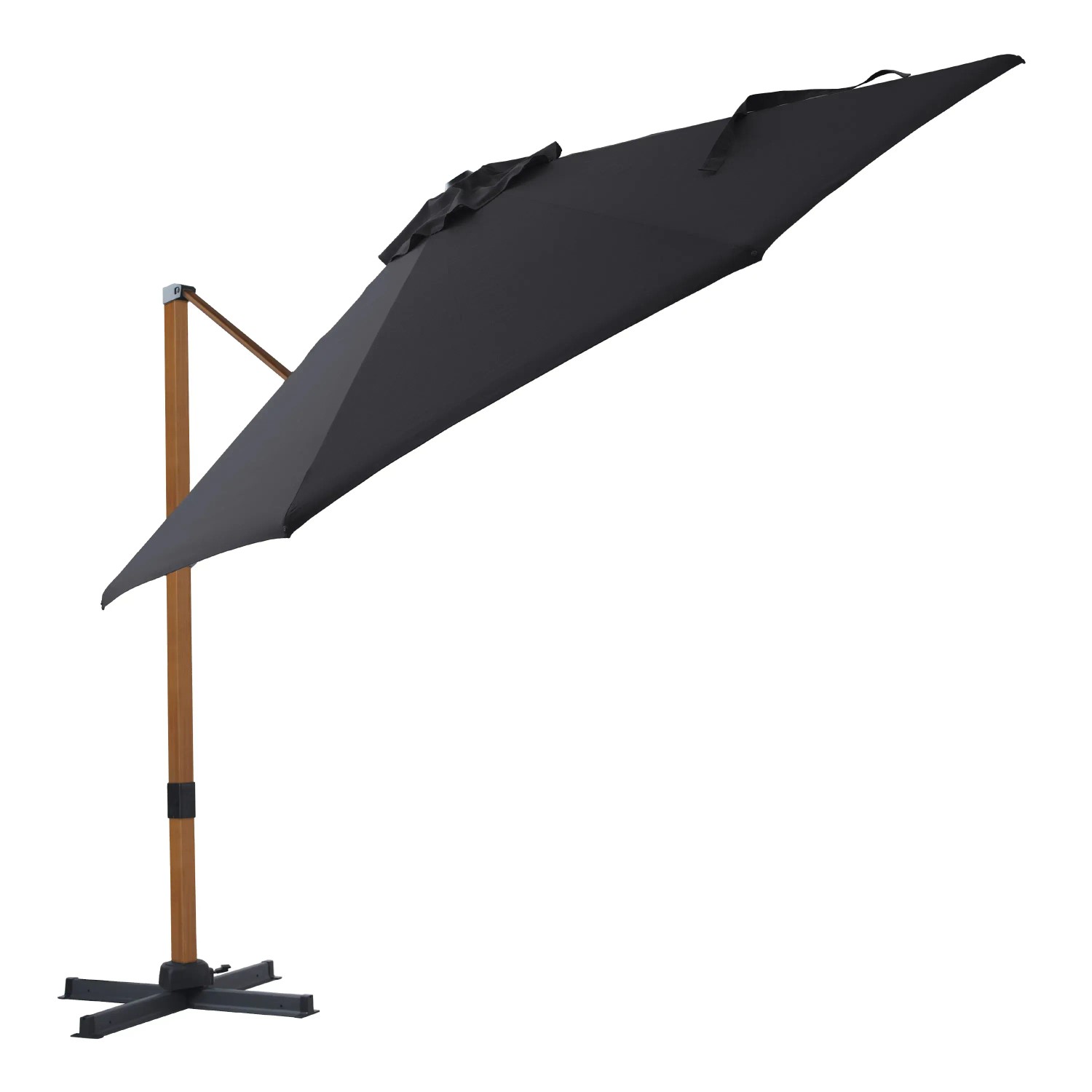 Axi Ampelschirm Cyrus Premium, Ø 300 cm, Holzoptik/Grau. Gartenschirm mit stabilem Standfuß und dunklem Schirm.