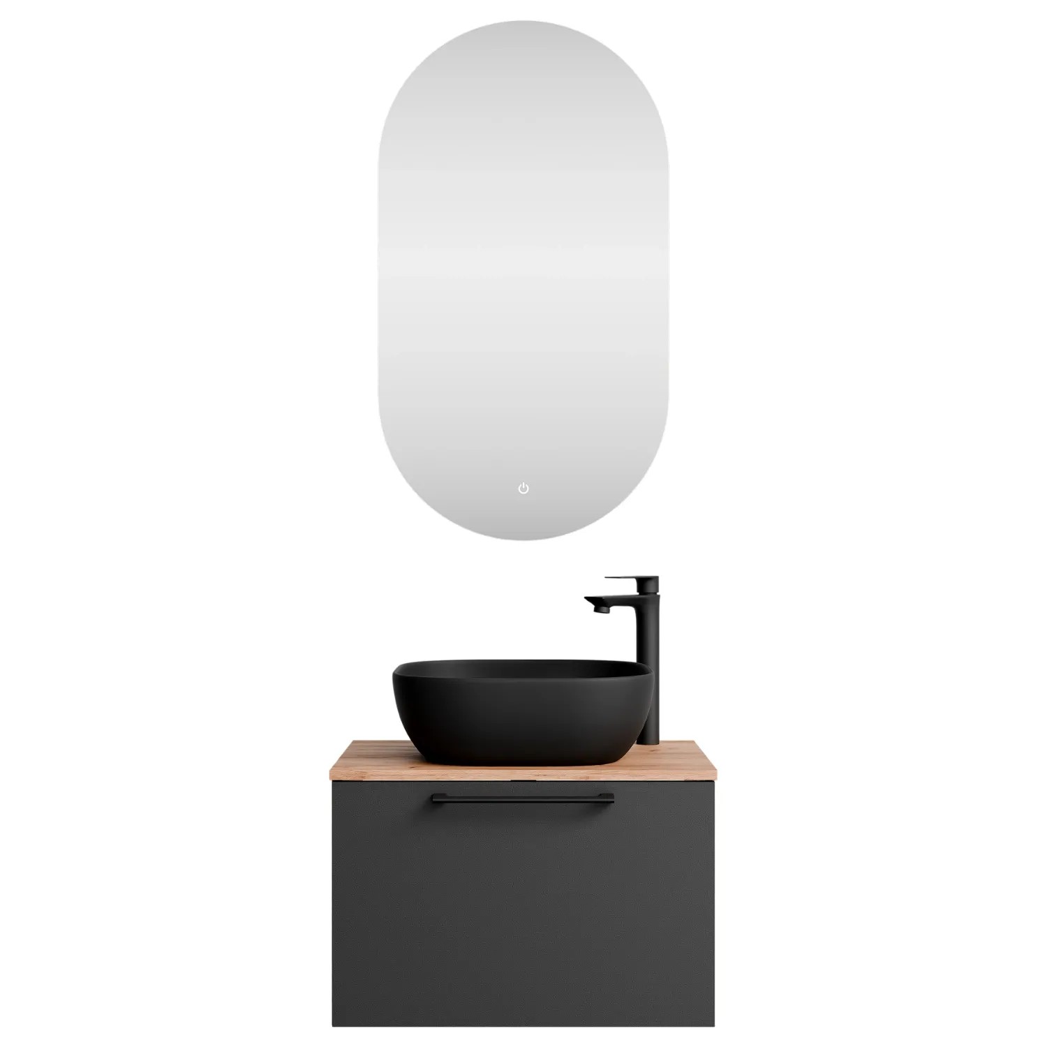 Planetmöbel ASTRA Badmöbel Set 60 cm mit Aufsatzwaschbecken 42,5 cm Schwarz LED Spiegel Soft Close