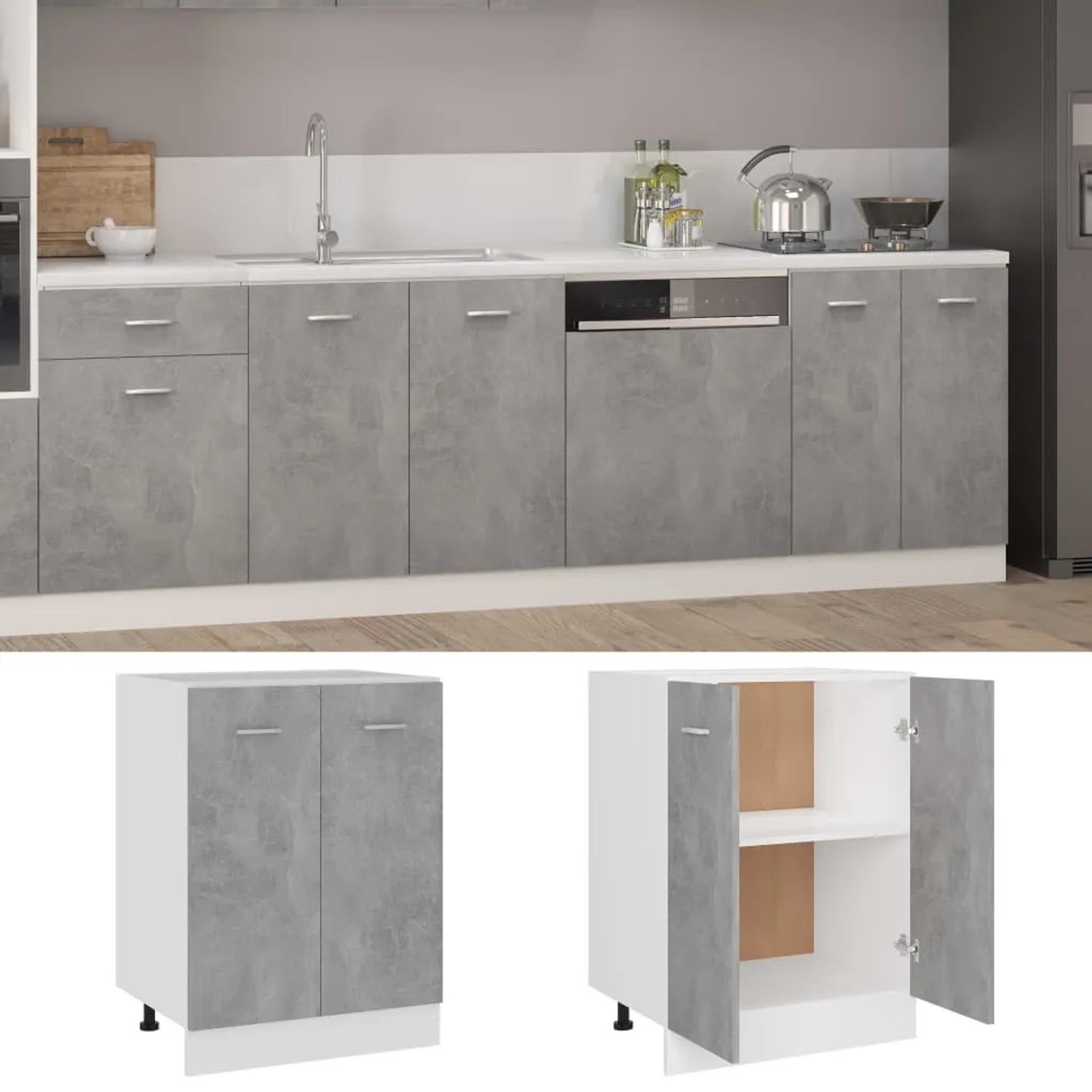 vidaXL Unterschrank, Betongrau, 60x46x81,5 cm, Holzwerkstoff, mit zwei Regalböden, für die Küche.