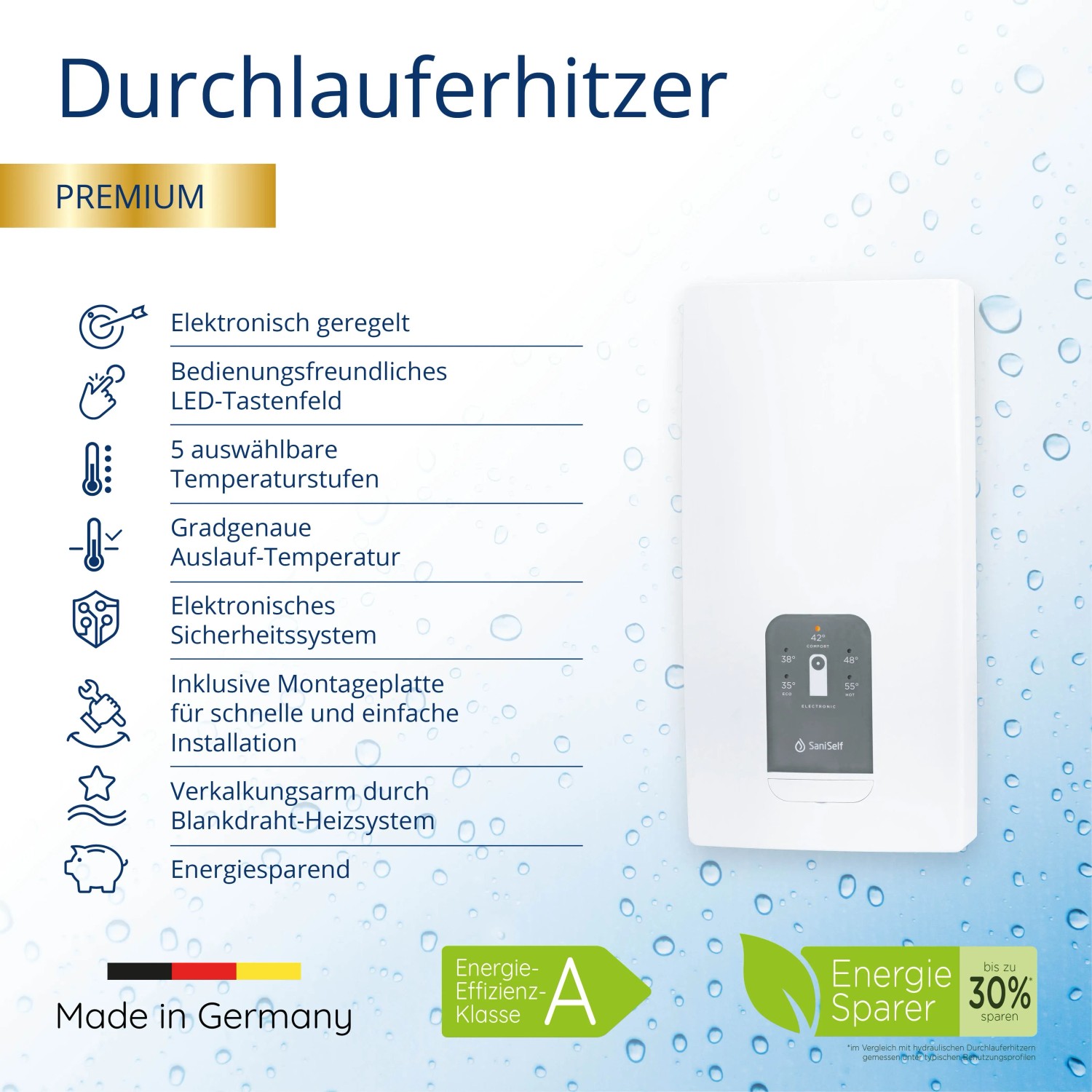 Saniself Durchlauferhitzer Premium, elektronisch geregelt, 18/21/24/27 kW, für Küche & Bad.