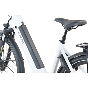 Detailansicht: Prophete City E-Bike Geniesser 2.0 Damen, Kreide Matt, Fokus auf Rahmen, Sattel und Reifen.