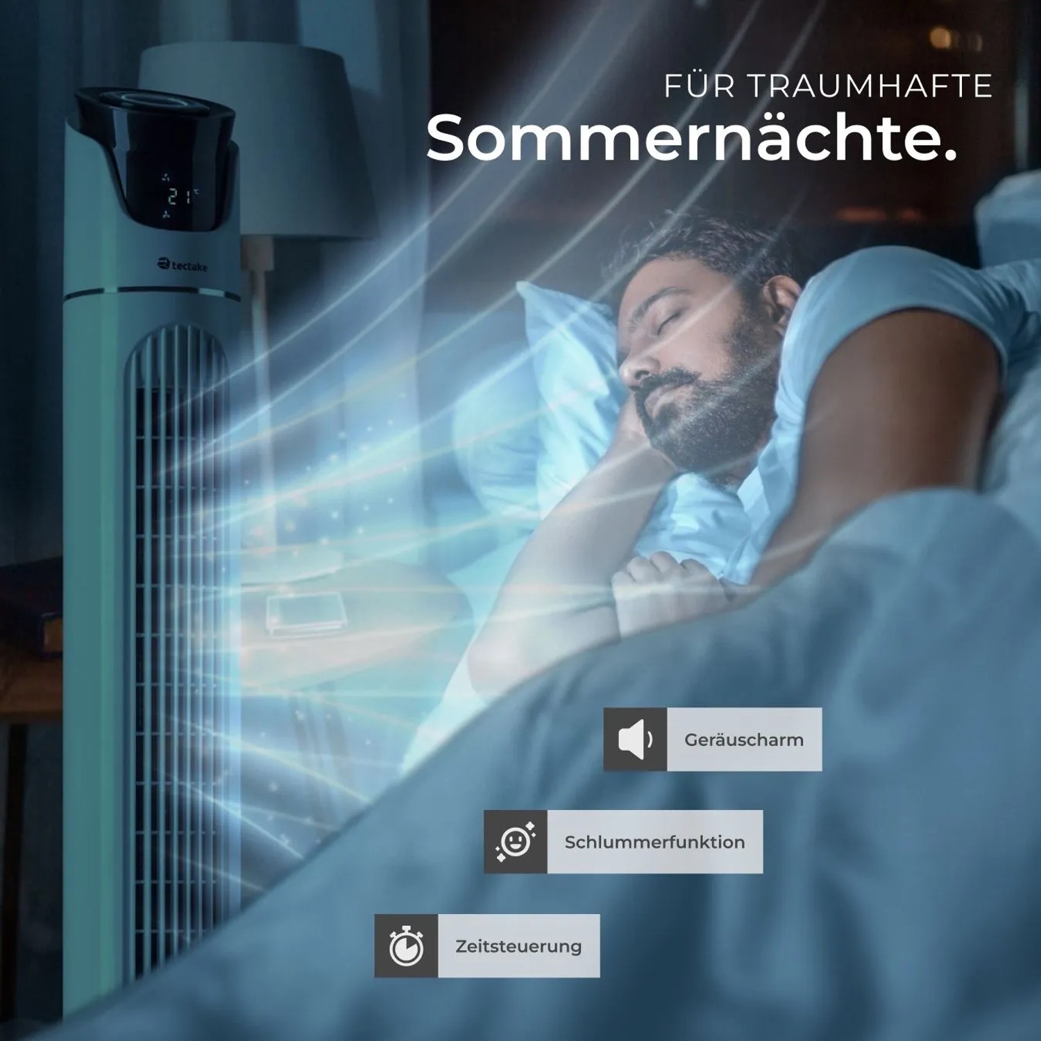 Weißer Tectake Turmventilator im Schlafzimmer mit schlafendem Mann für traumhafte Sommernächte.