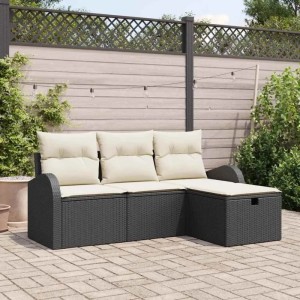 Schwarzes 4-teiliges vidaXL Garten-Sofa-Set aus Poly Rattan mit Kissen.