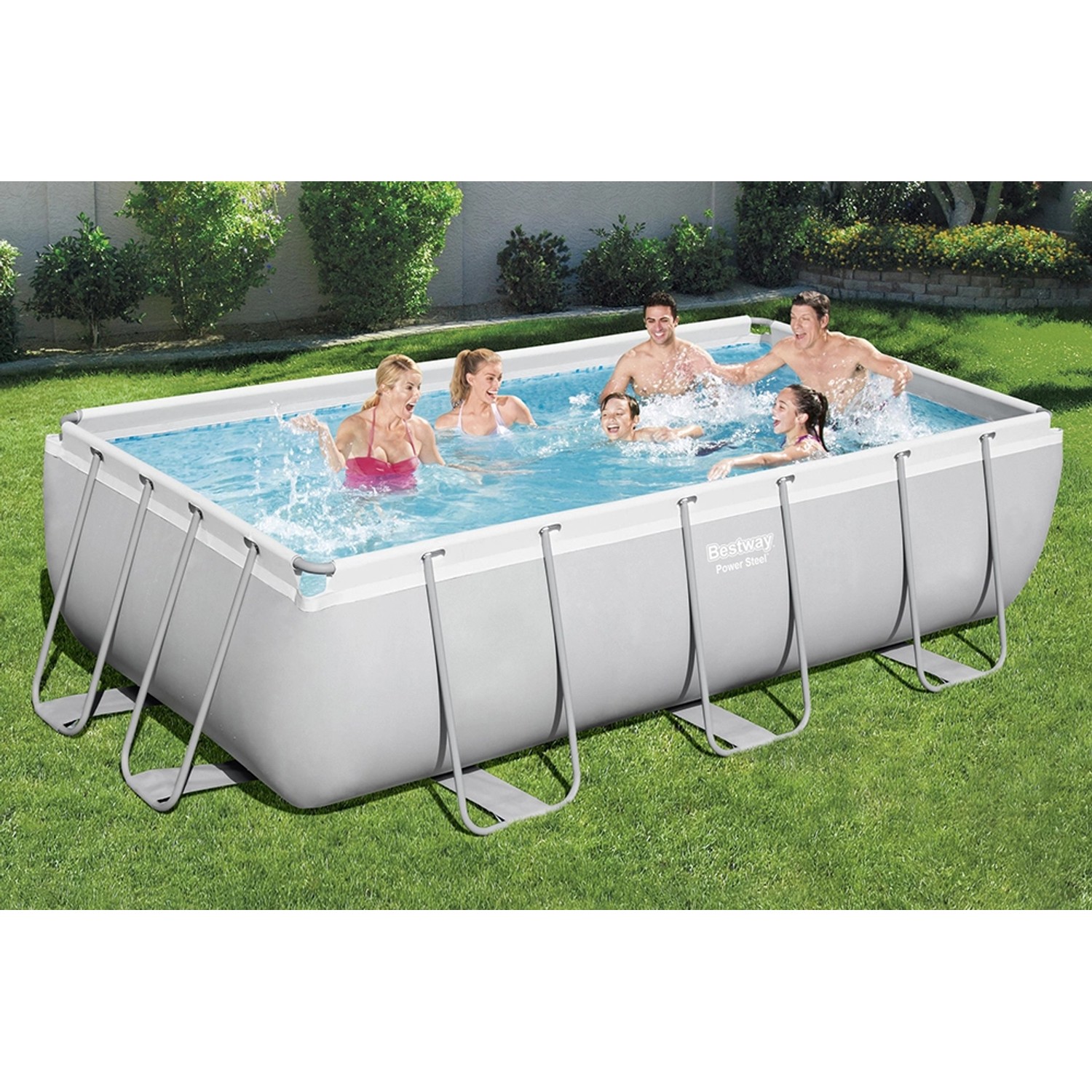 Bestway Stahlrahmenpool Power Steel, eckig, mit Familie im Wasser. Inkl. Sandfilteranlage.