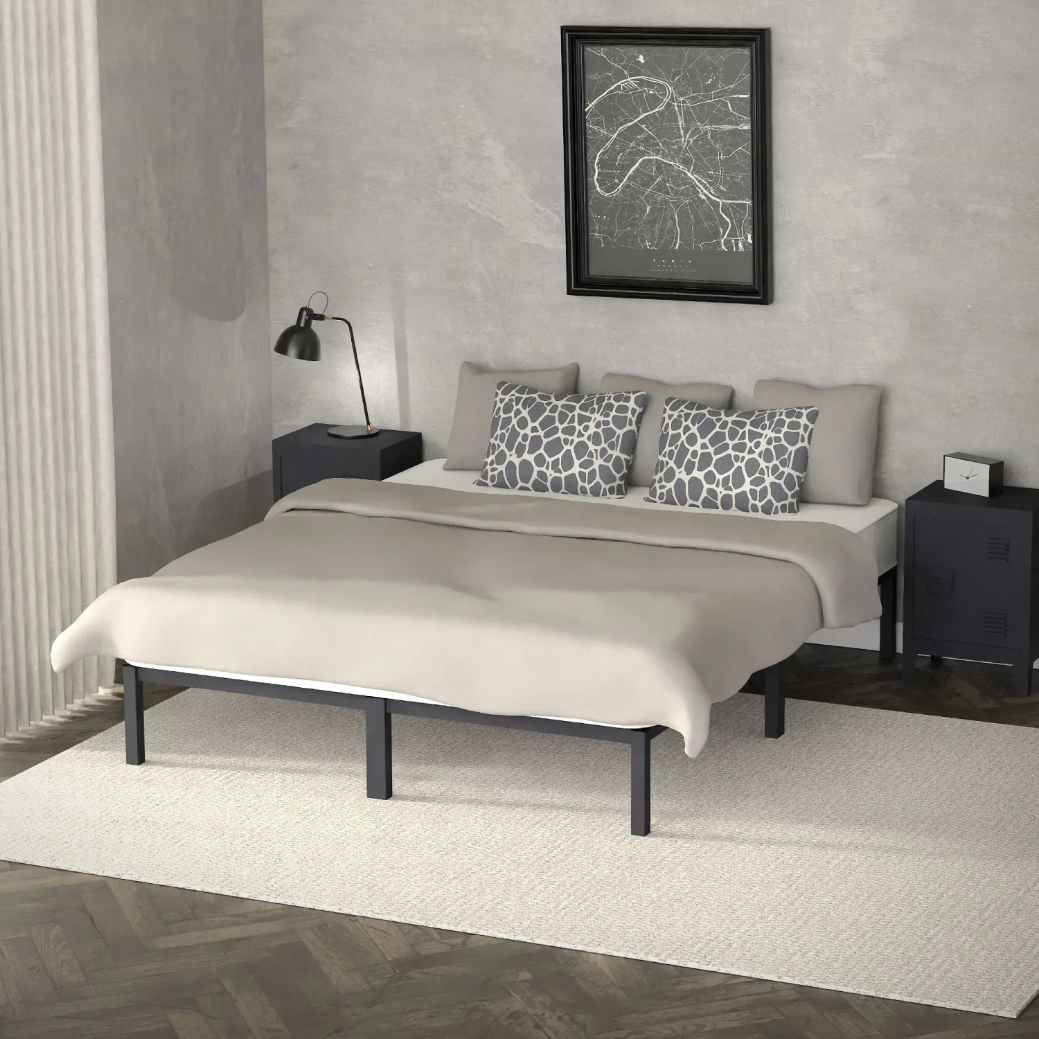 Modernes ML-Design Metallbett 160x200 cm, Anthrazit Stahlrahmen mit Lattenrost, ohne Kopfteil im Schlafzimmer.
