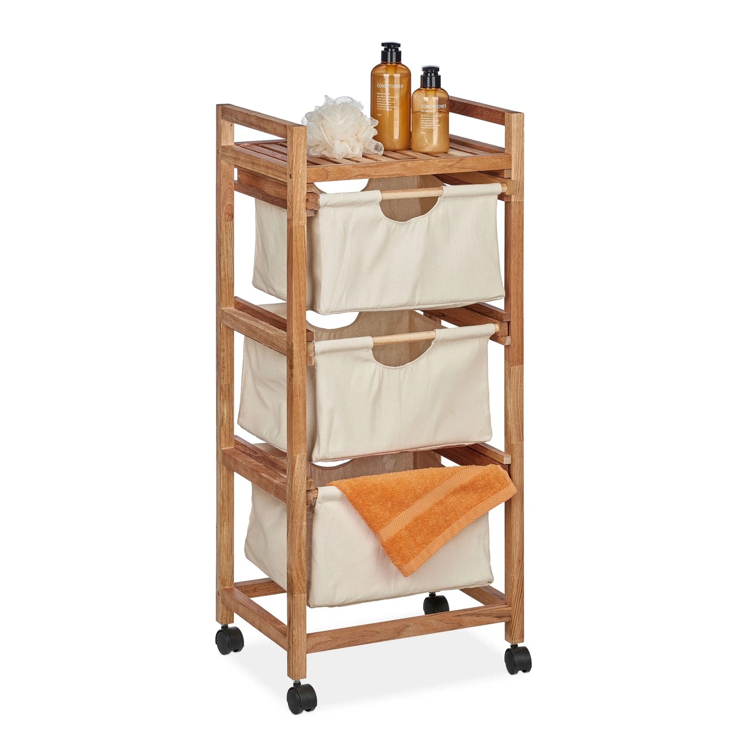 Relaxdays Badregal Walnussholz Beige mit 3 Wäschekörben 96 cm x 43,5 cm x 33,5 cm 4,7 kg