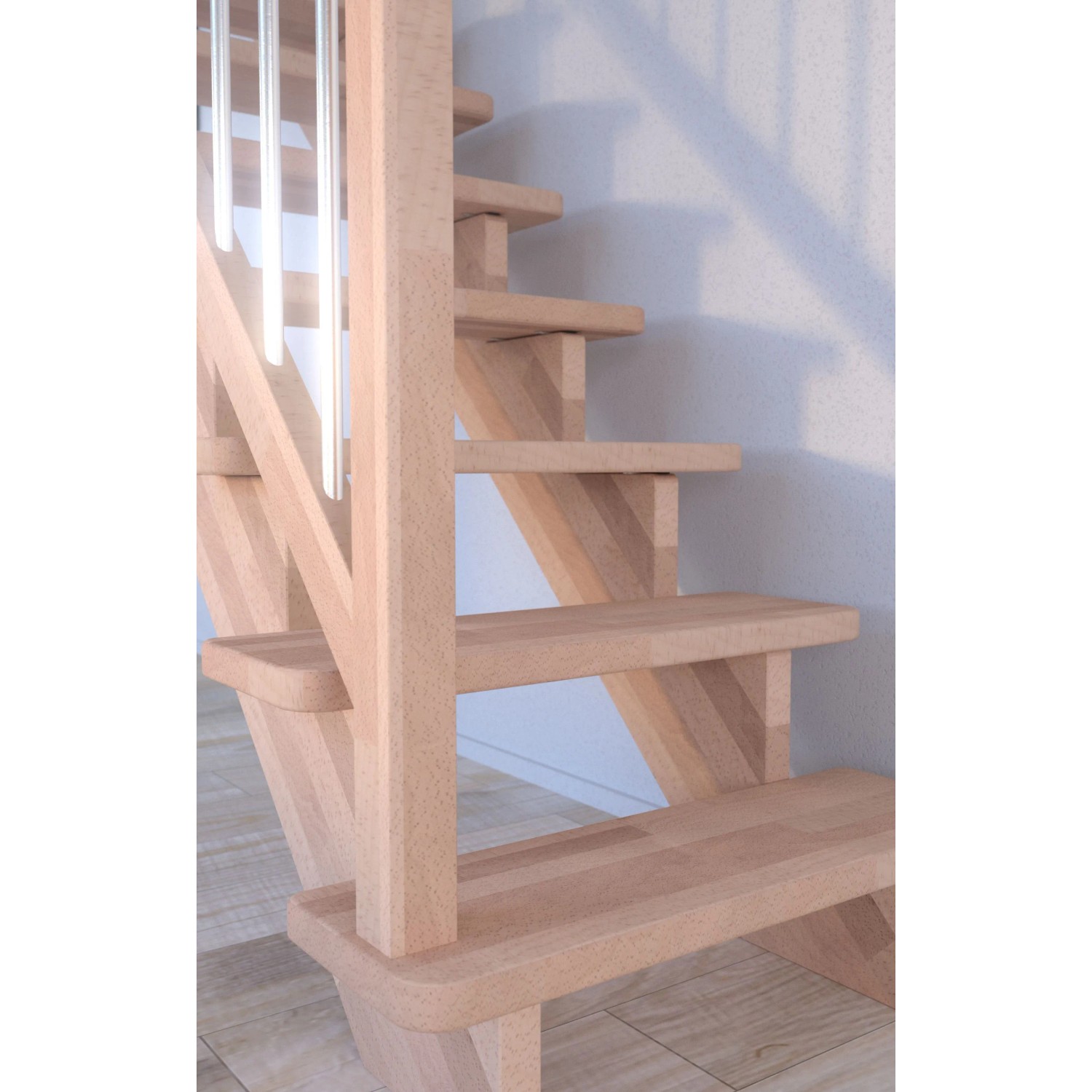 Helle, gerade Buchenholztreppe Lindos mit Edelstahlgeländer, Detailansicht.