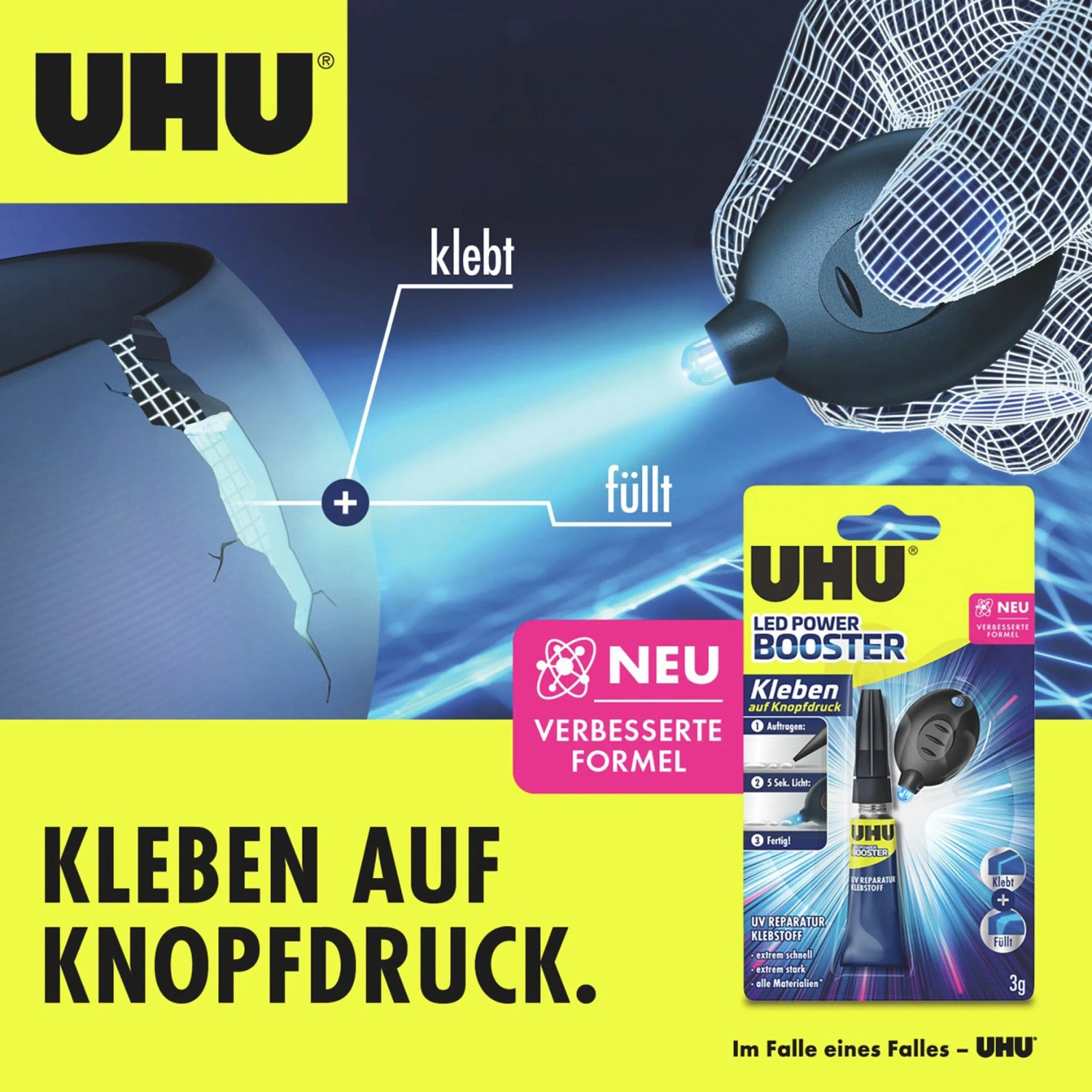 Uhu Spezialkleber LED Power Booster, transparent, 3g. Klebt und füllt auf Knopfdruck mit LED-Lampe.