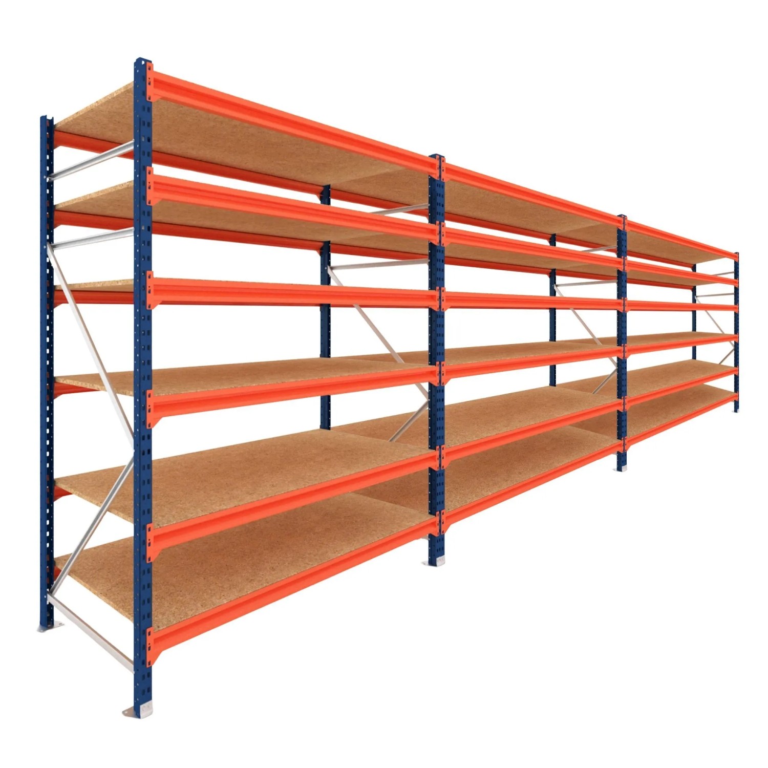 PROREGAL Weitspannregal Schwerlastregal DOMINUS Komplettregal 3 Felder 250x450x80cm 6 Ebenen Spanplatten-Fachboden Fachlast 500 kg Blau/Orange