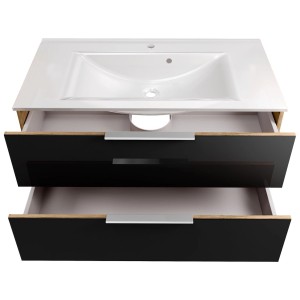 Fackelmann Waschplatz-Set B.Brillant, 100 cm, Asteiche/Anthrazit mit Glasbecken und zwei Schubladen.
