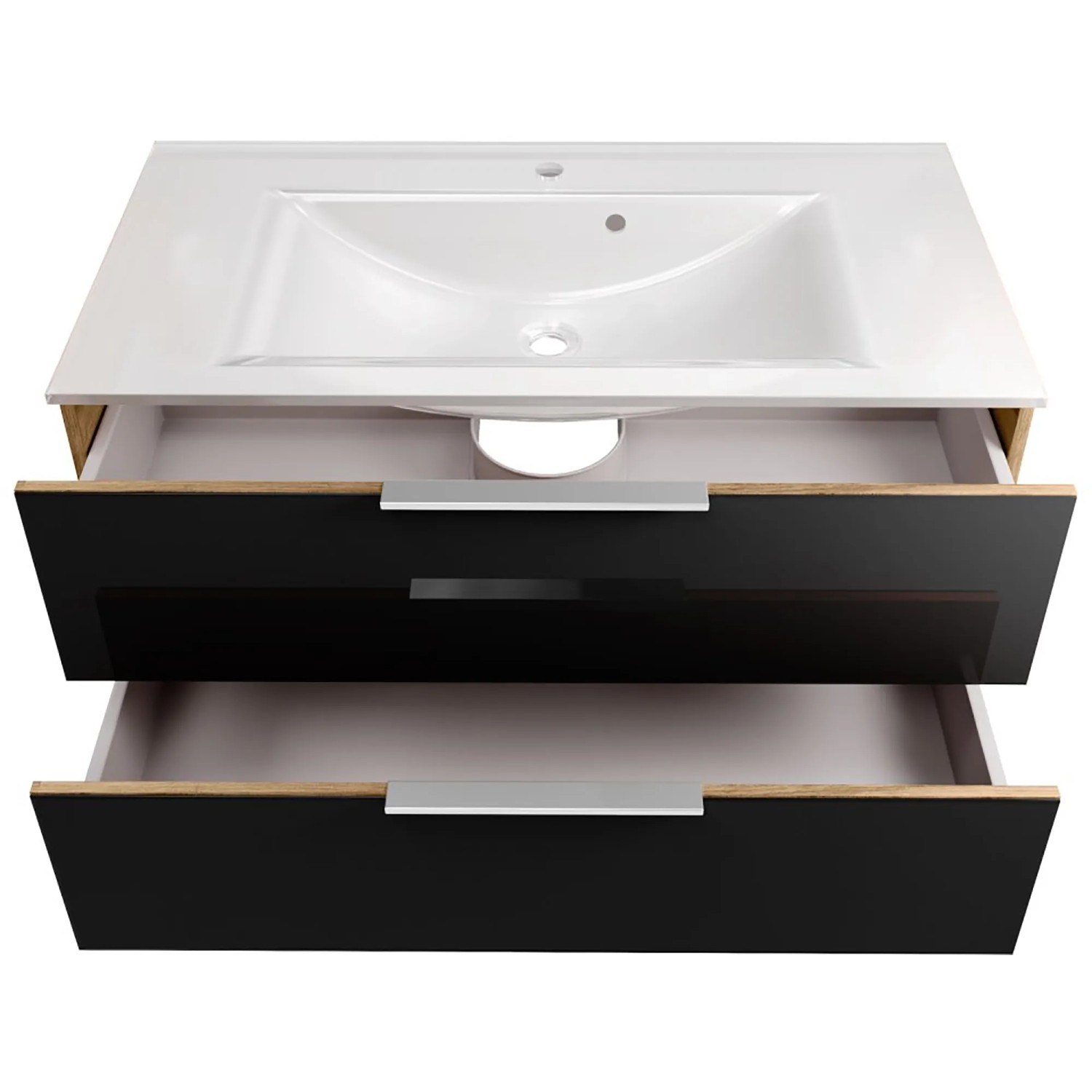 Fackelmann Waschplatz-Set B.Brillant, 100 cm, Asteiche/Anthrazit mit Glasbecken und zwei Schubladen.