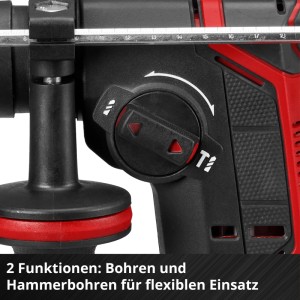 Einhell Akku-Bohrhammer, schwarz-rot. Moduswahlschalter für Bohren und Hammerbohren. Präzise Funktionseinstellung.