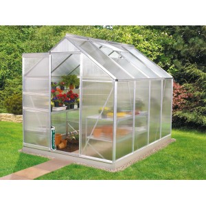 Gewächshaus Venus 5000 mit Alu-Rahmen und Hohlkammerplatten, inklusive Pflanzen.