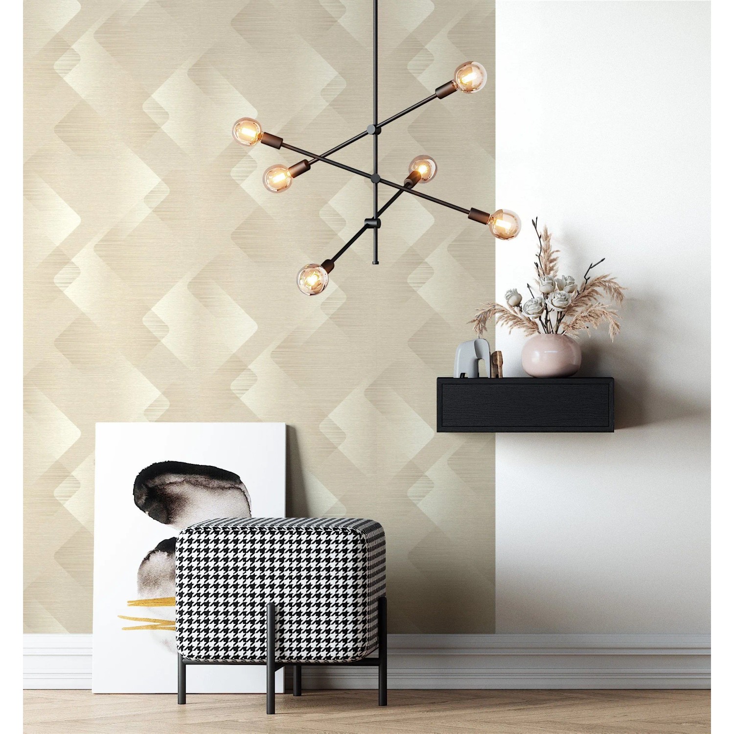 Newroom Vliestapete Donato Beige mit modernem, strukturiertem Grafikmuster an einer Wand.