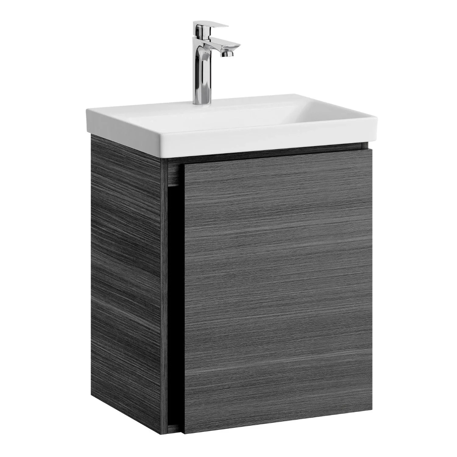 Planetmöbel Waschtischunterschrank 50 cm Anthrazit mit Keramikwaschbecken Armatur Chrom Soft Close