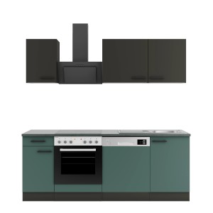 Optifit Küchenzeile Anthrazit/Steingrün, 210cm mit Herd, Spüle und Geschirrspüler.