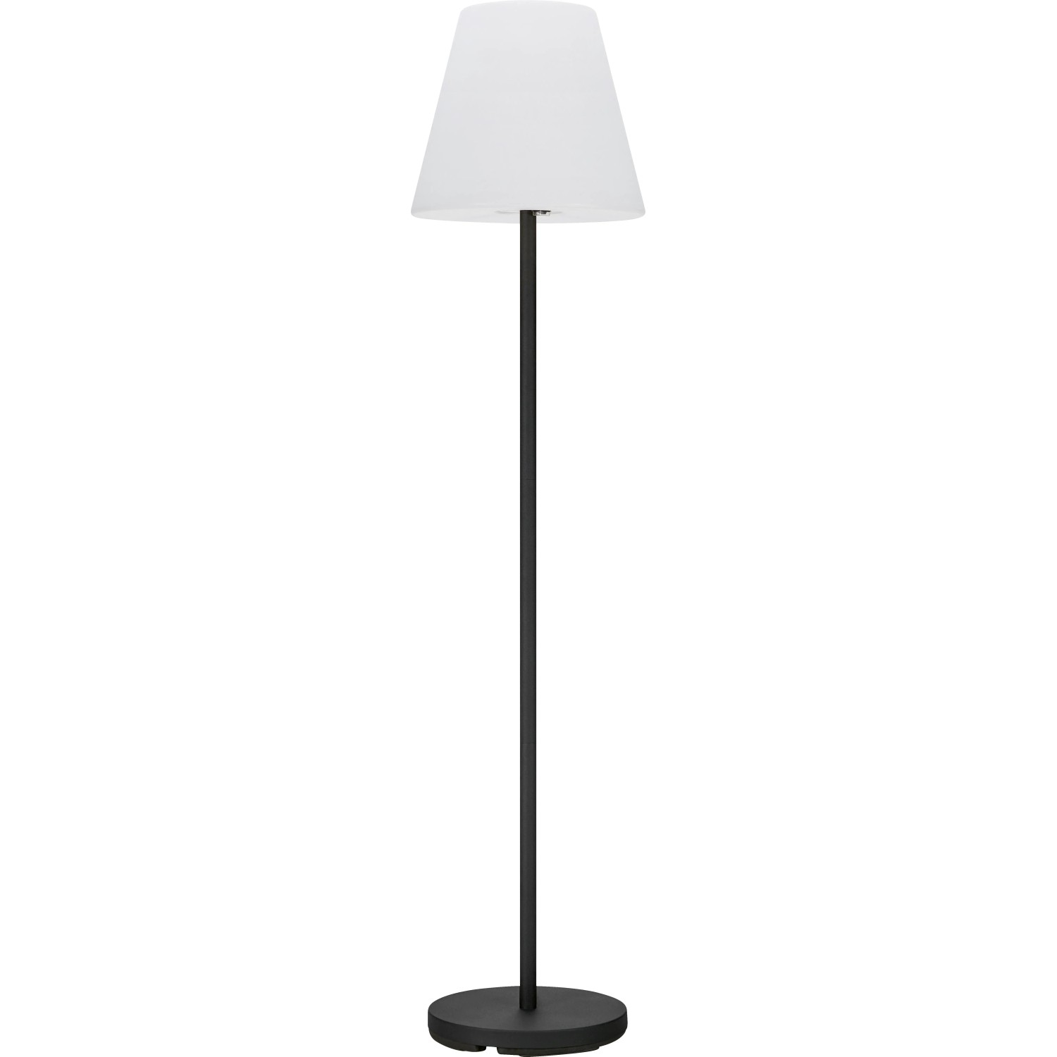 Weiße Außenstehleuchte Verna, 150 cm hoch, mit schwarzem Fuß für Garten und Balkon.