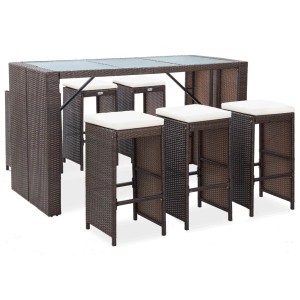 Braunes 7-tlg. vidaXL Gartenbar-Set aus Rattan mit Glasplatte und cremefarbenen Auflagen.