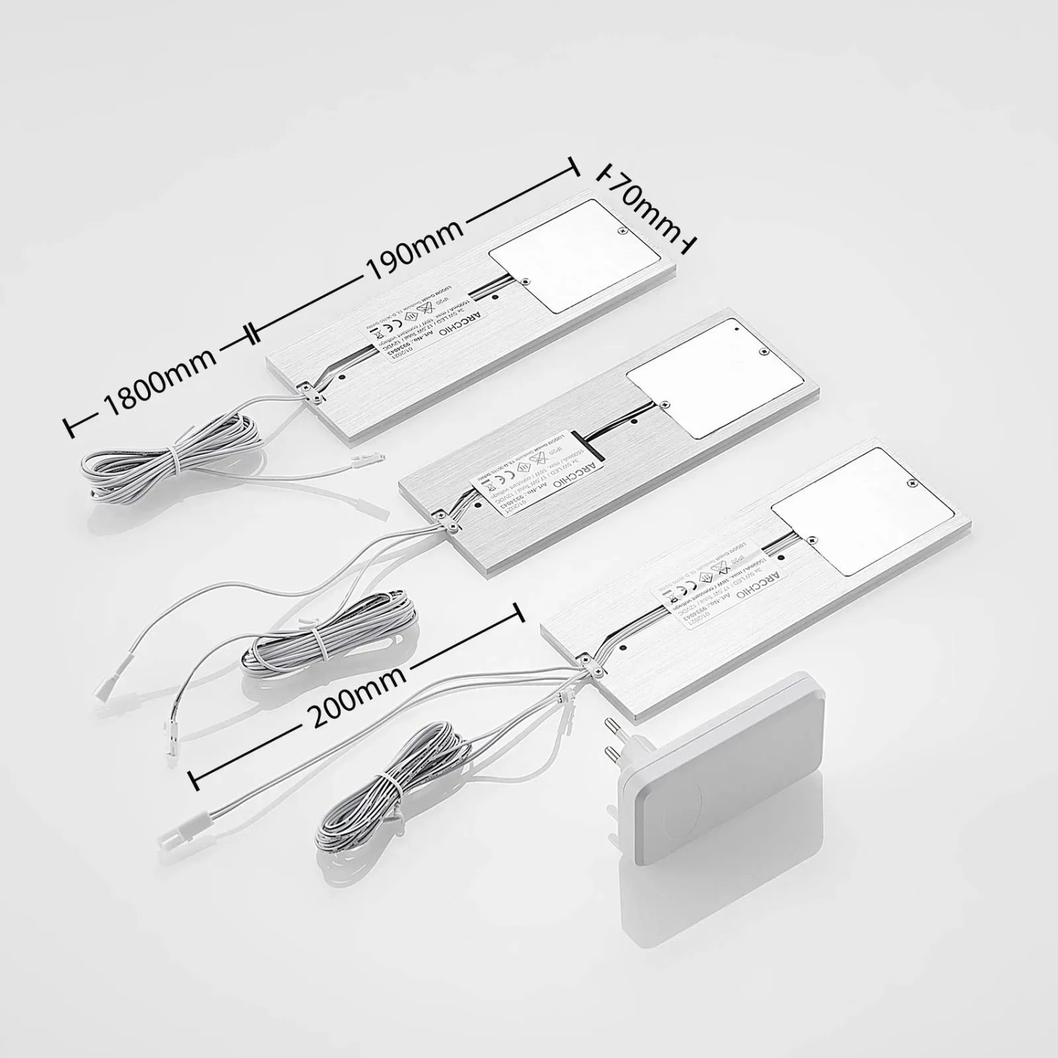 Arcchio 3er Set LED Unterschrankleuchten Nortra aus Aluminium, dimmbar, mit Kabeln und Netzteil. Modernes Design für Küche.