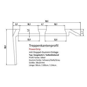 Graues Treppenkantenprofil mit Doppelgummieinlage, selbstklebend, 3,8x2x100 cm für mehr Sicherheit.