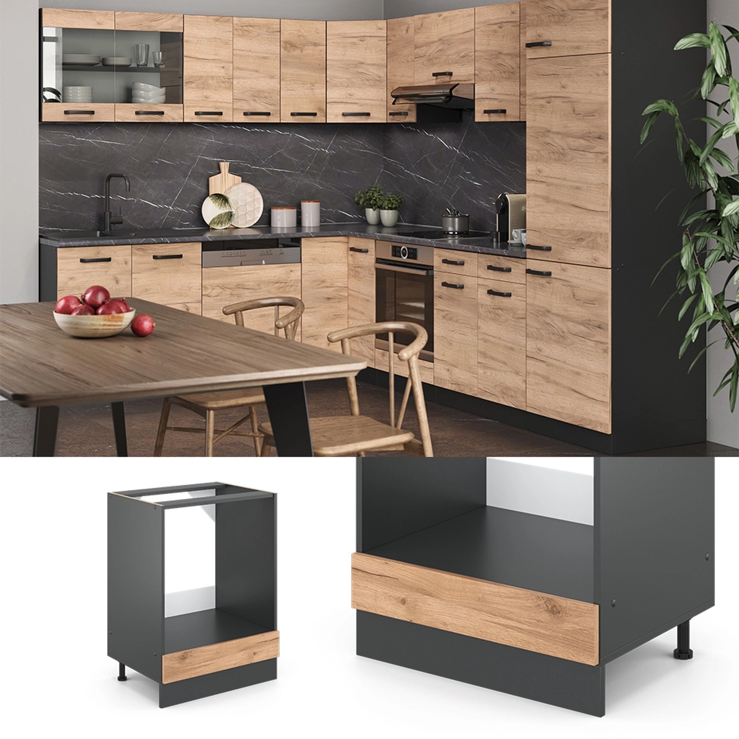 Vicco Herdumbauschrank R-Line, Eiche/Anthrazit, 60 cm. Küchenschrank für Einbauherd, mit Arbeitsplatte.