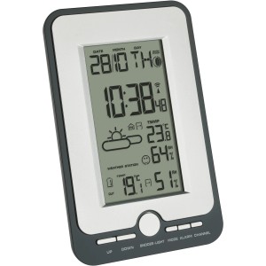 TFA Funk-Wetterstation Multi in Schwarz-Silber mit Display für Innen- und Außentemperatur.