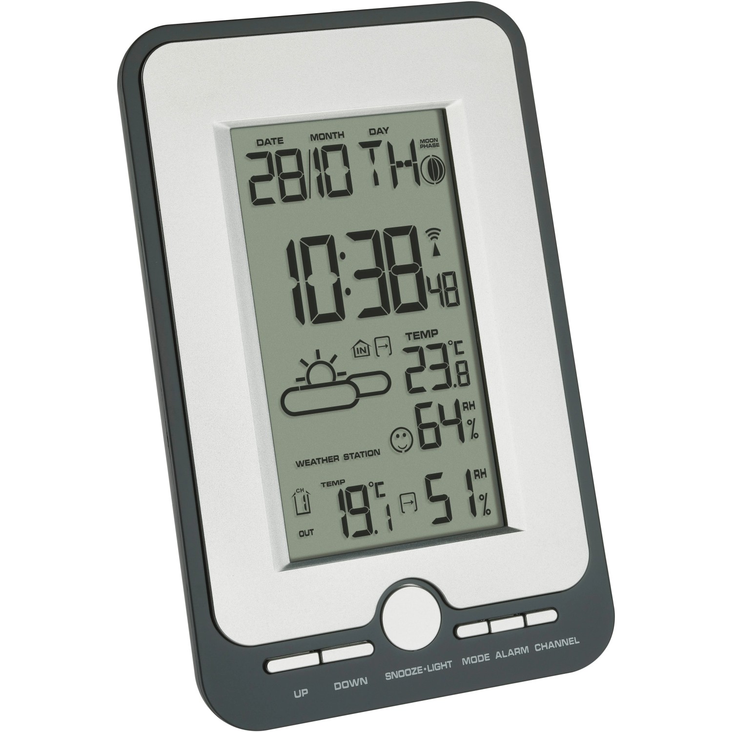 TFA Funk-Wetterstation Multi in Schwarz-Silber mit Display für Innen- und Außentemperatur.