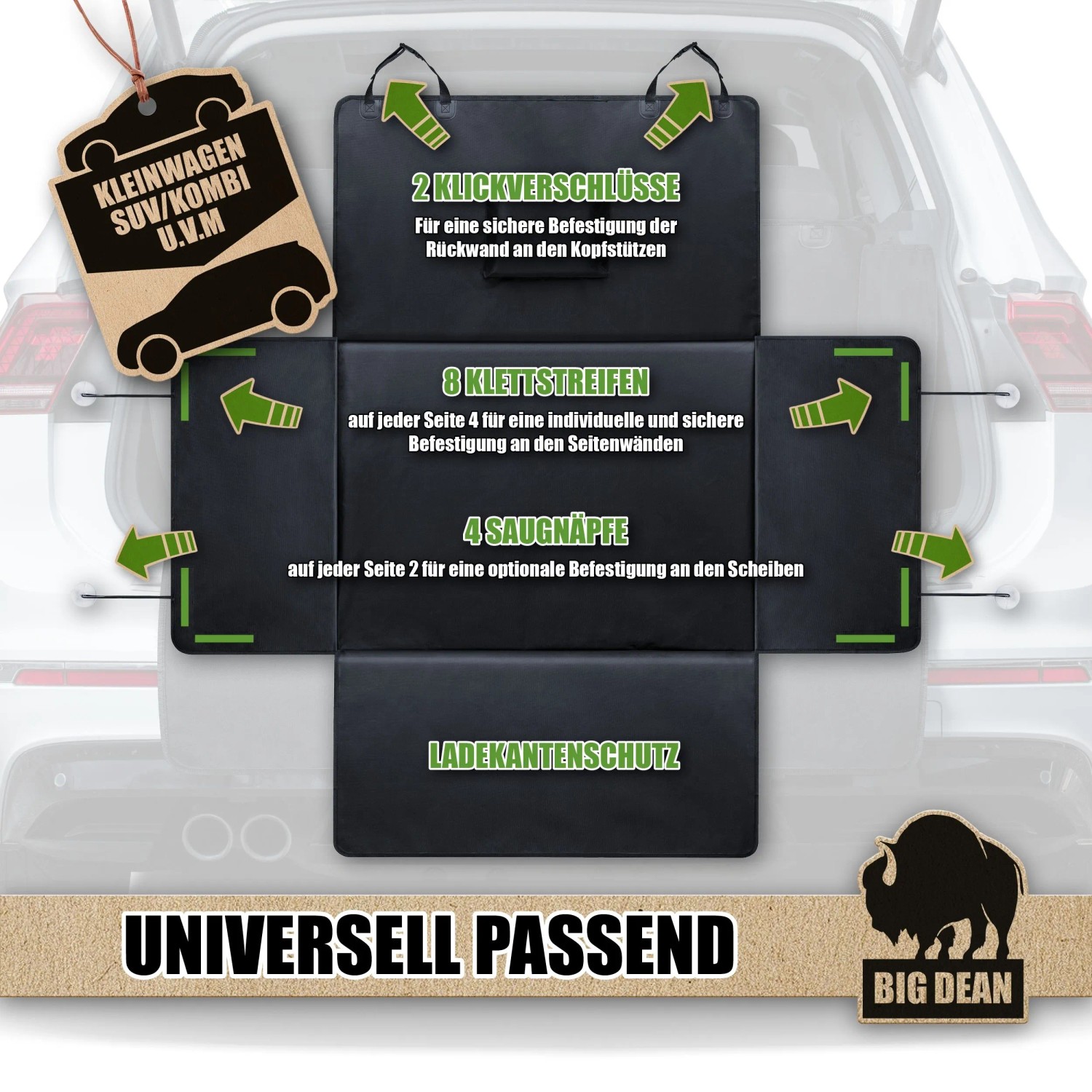 BigDean Kofferraum Schutzmatte schwarz mit Seiten- & Stoßstangenschutz, Klettverschlüssen und Saugnäpfen. Universell passend.