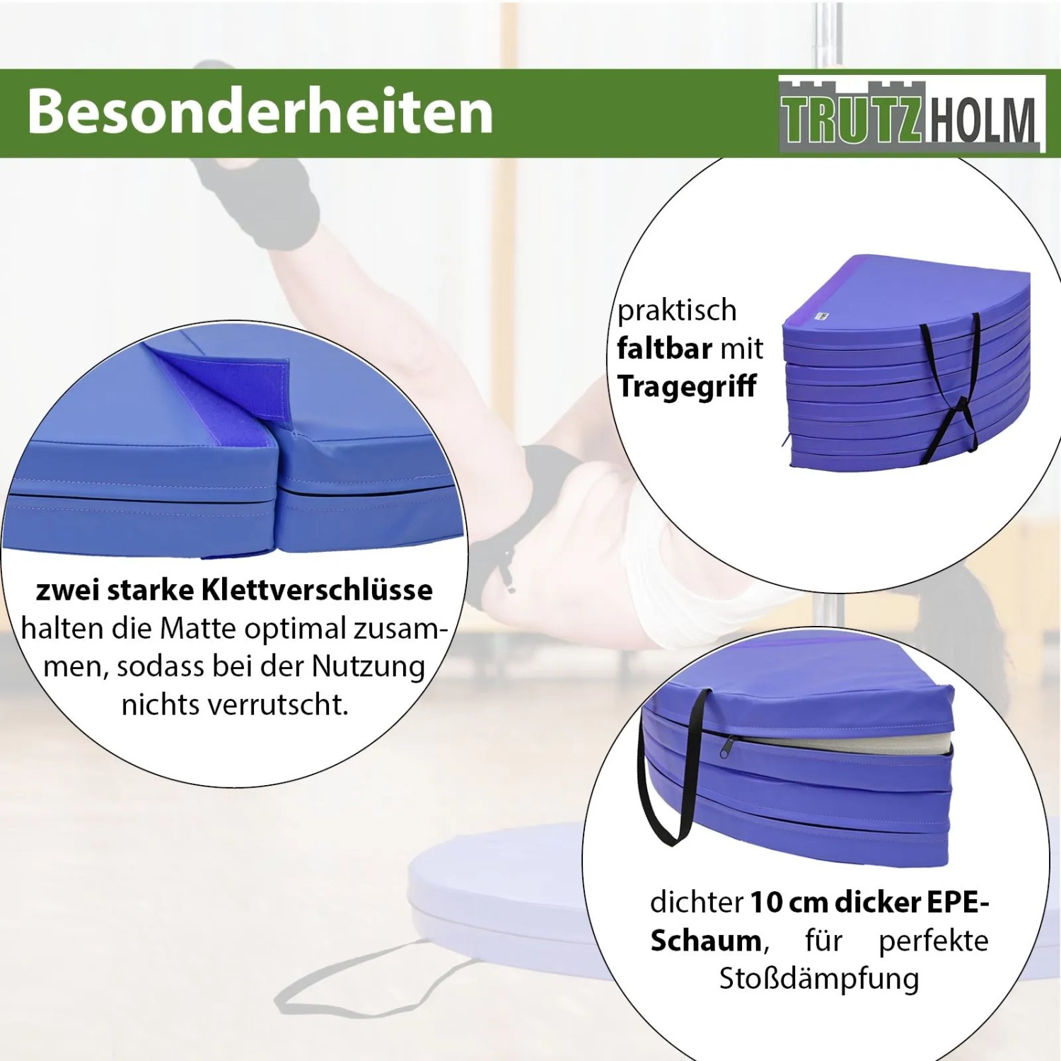 TRUTZHOLM Tanzstangenmatte, blau, 120cm Durchmesser, faltbar mit Tragegriff und Klettverschlüssen.