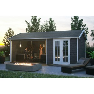 Skan Holz Gartenhaus Tilburg in Schiefergrau mit Anbau, 23,3 m² Grundfläche. Holz-Gartenhaus mit Lounge-Bereich.