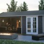 Skan Holz Gartenhaus Tilburg in Schiefergrau mit Anbau, 23,3 m² Grundfläche. Holz-Gartenhaus mit Lounge-Bereich.