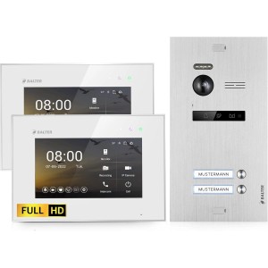 Balter EVO-HD Video-Türsprechanlage für Zweifamilienhaus mit 2 Monitoren und Türstation in Silber-Weiß.