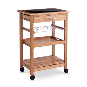 Küchenrollwagen aus Bambus mit Glasplatte, Schublade, Flaschenregal und Ablagen. Praktischer Servierwagen für die Küche.
