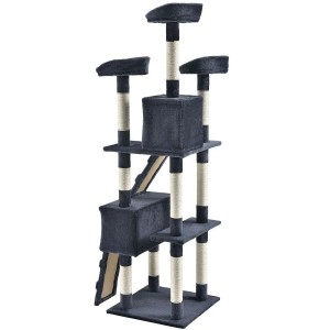 Dunkelgrauer Juskys Kratzbaum Amy mit Liegeflächen, Höhlen und Sisalstämmen.