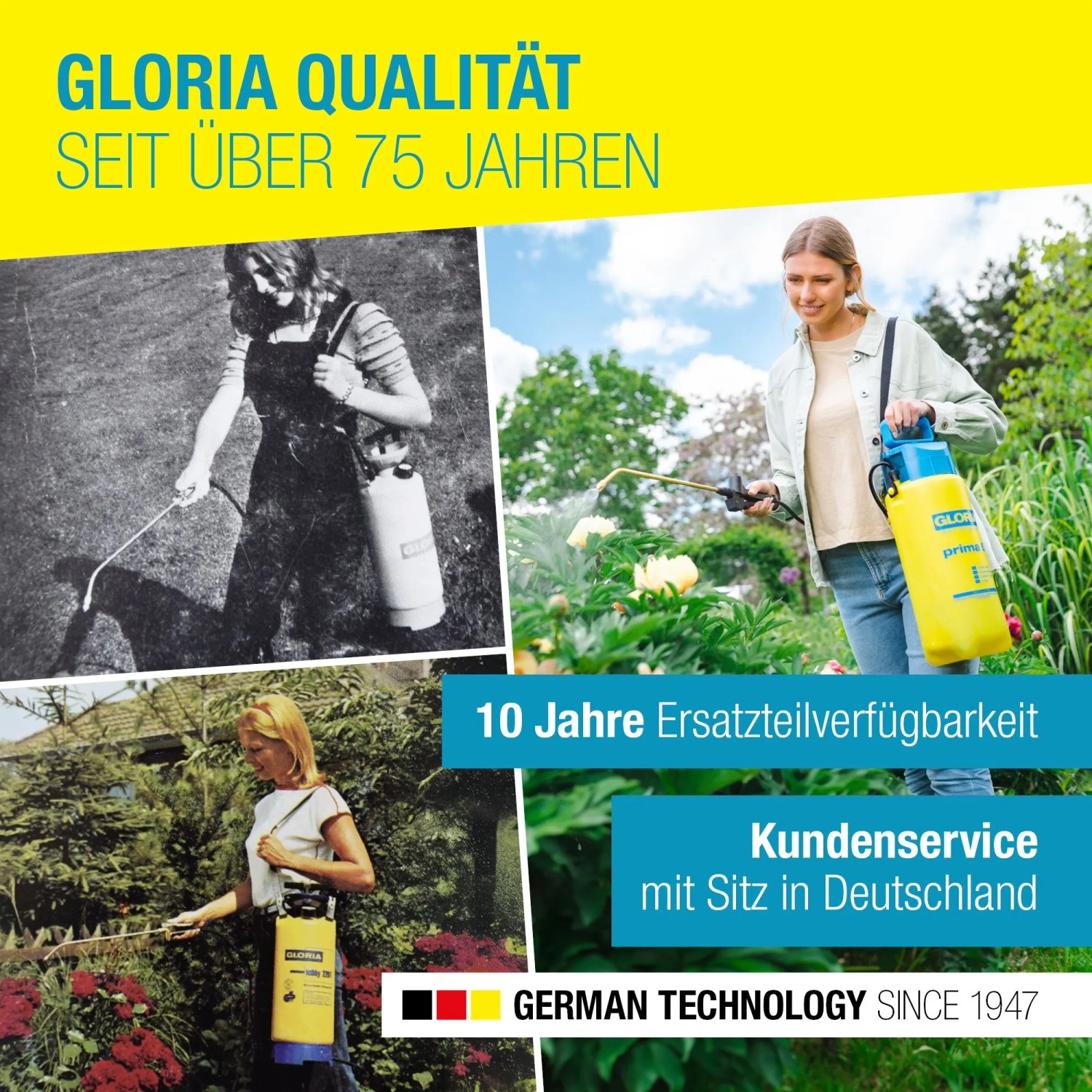 Gloria Drucksprüher Prima 3 im Einsatz: Gelbe Gartenspritze mit Lanze zur Pflanzenpflege.
