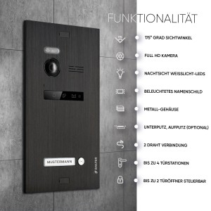 Schwarze Balter EVO HD Video-Türsprechanlage mit Kamera und beleuchtetem Namensschild für Einfamilienhäuser.