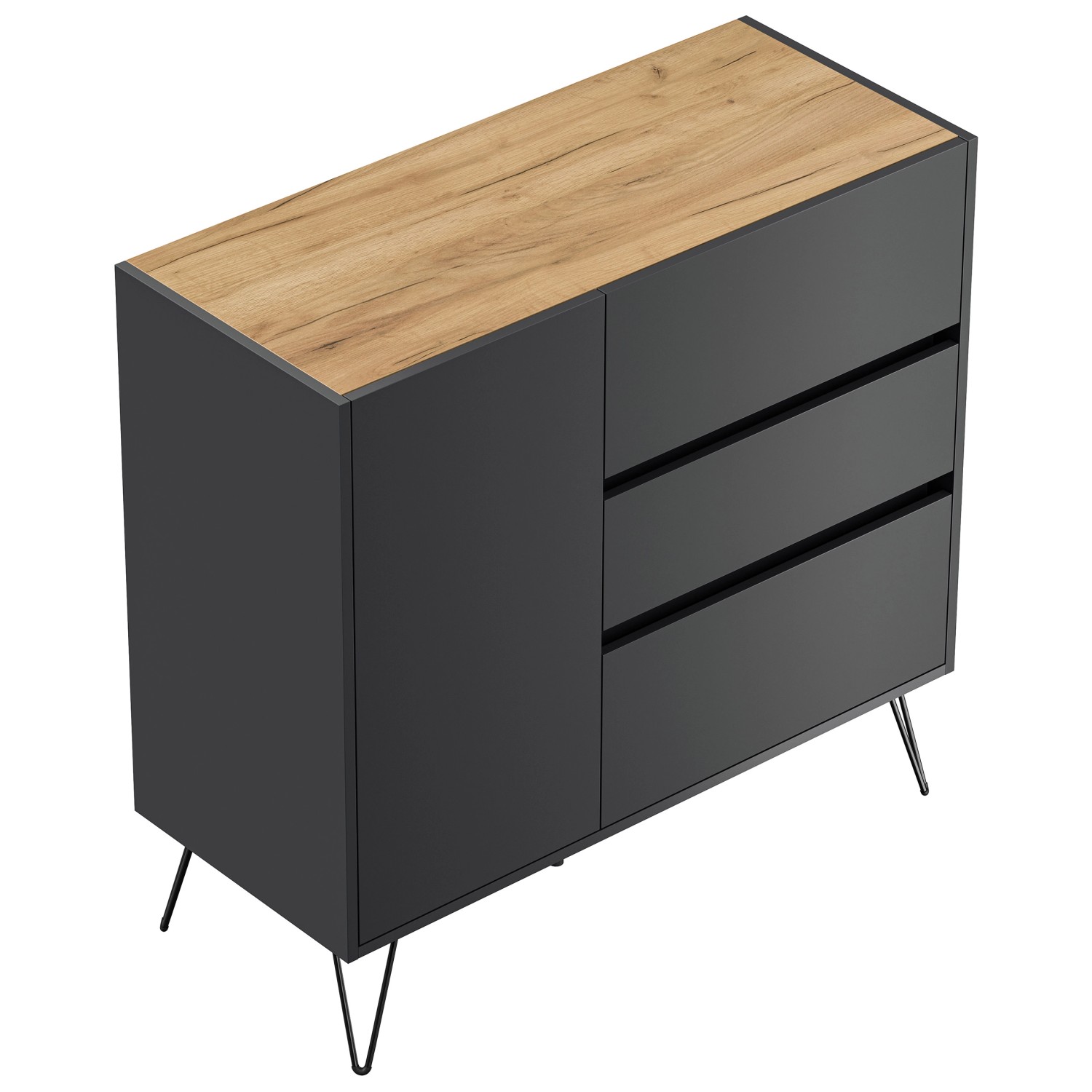 Posseik Sideboard Industrial L 3 Schubladen 1 Tür 100 cm Grafit Eiche Top günstig online kaufen