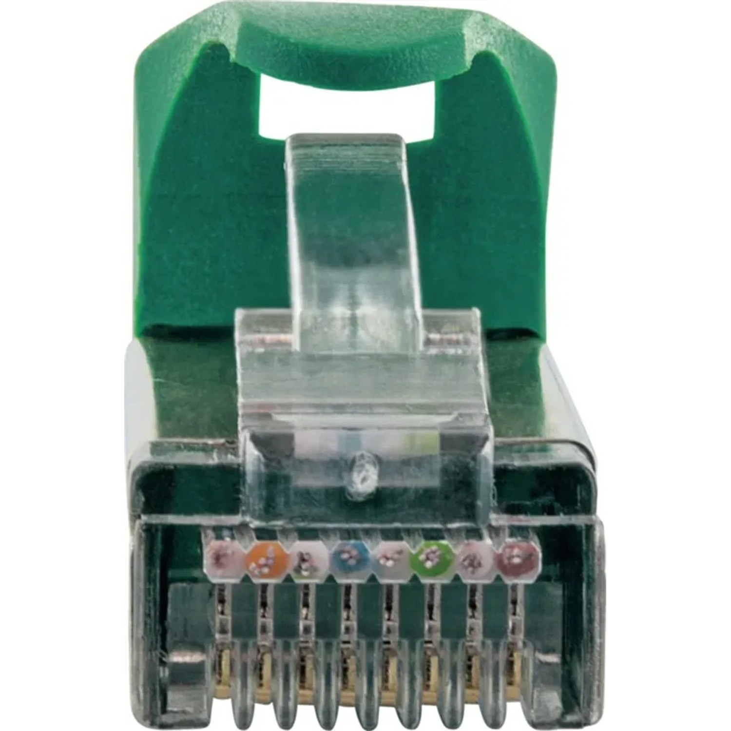 Detailaufnahme eines grünen Schwaiger LAN-Netzwerkkabel-Steckers (CAT 6) für Computer & Multimedia.