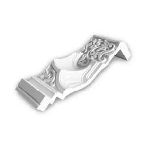 Musterstück einer weißen PROFHOME Eckleiste/Deckenleiste mit Ornamenten, ca. 10 cm lang.