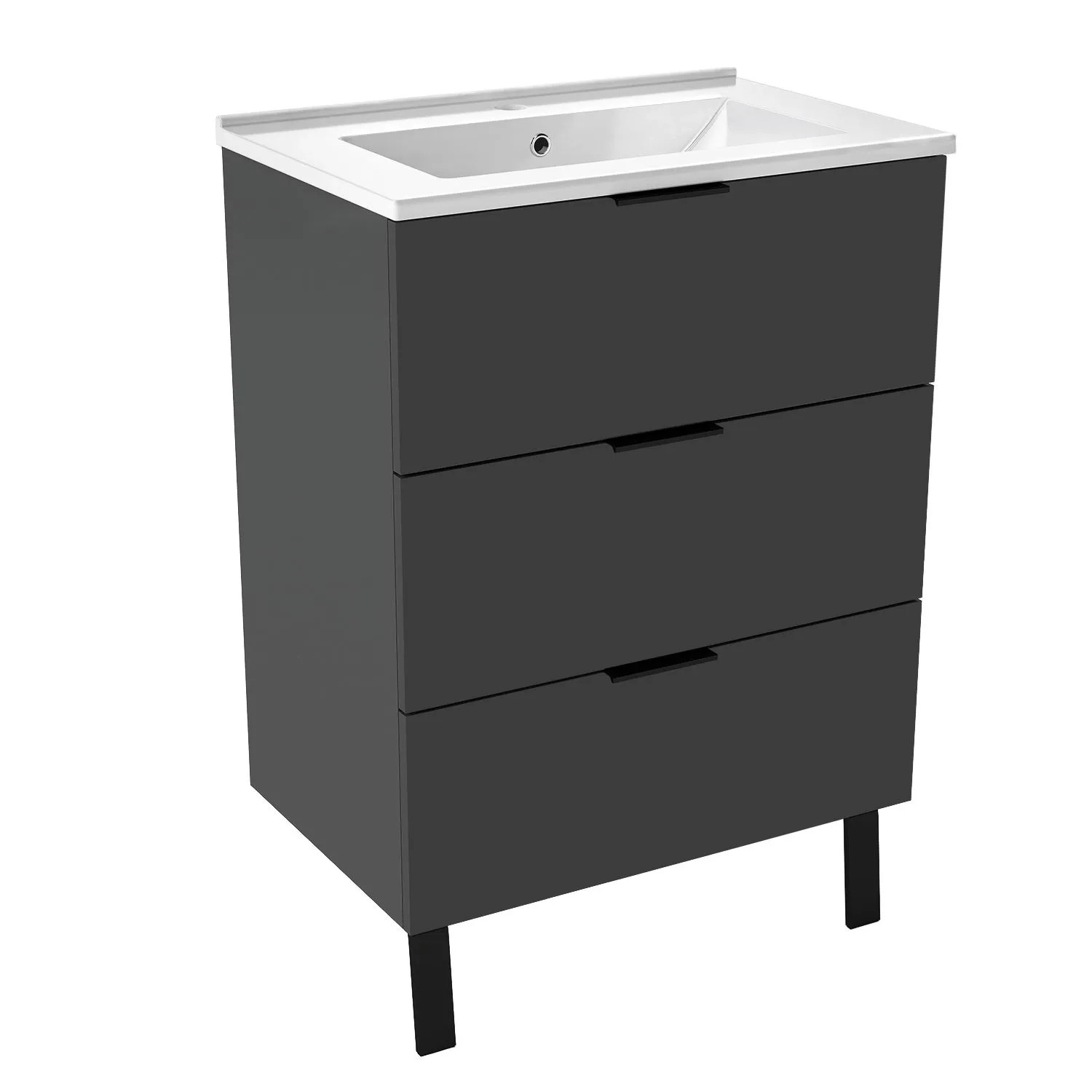 AICA Waschbecken mit Unterschrank 60 cm Kantin Badmöbel Set Waschtisch mit Standschrank Hochglanz Anthrazit Griffen & Füße Softclose 2 tlg.