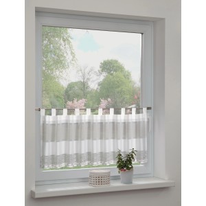 Sehlbach Bistrogardine Taupe mit Schlaufen und Jacquard Streifen am Fenster.